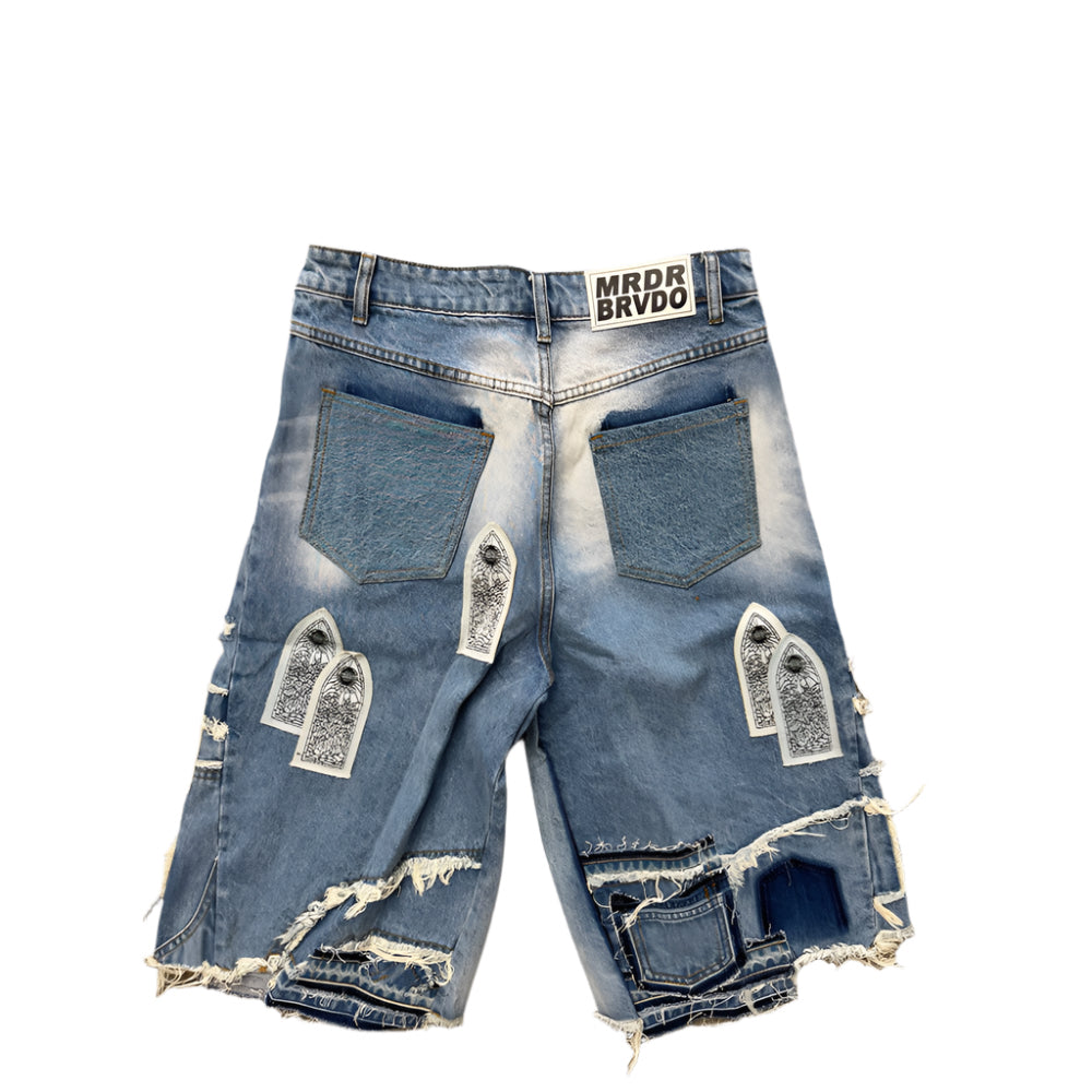 PATCHED ARCH BLOWOUT DENIM SHORT